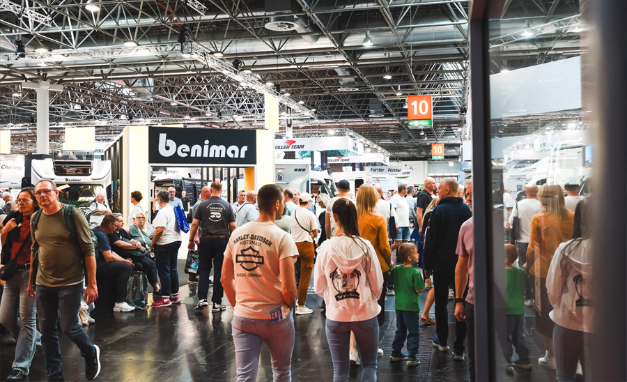 Crowded halls at the 2026 edition of Caravan Salon at the Messe Dusseldorf in Germany